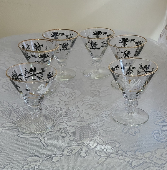 Mid Century Barware Cocktail Glass Stems Set ~ 6